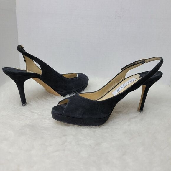 Jimmy Choo “Nova” Slingback Peep Toe Platform Pumps Black Satin Shoes Size 8 - Picture 5 of 11